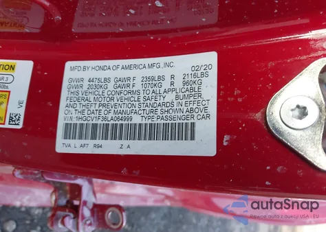 2020 Honda Accord Sport из США, поврежденный, VIN 1HGCV1F36LA064999